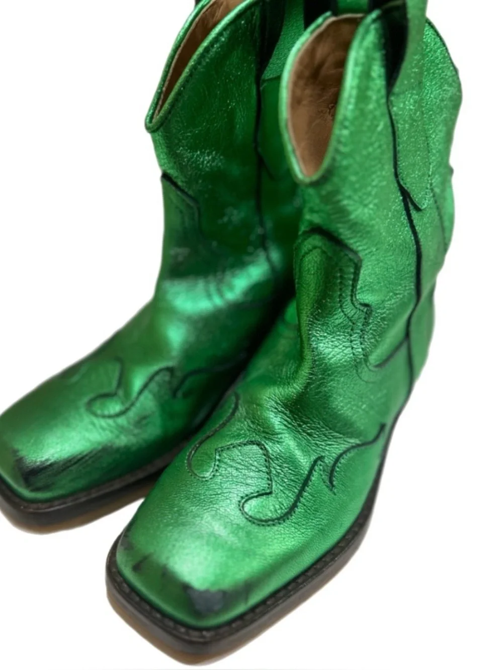 Maison Mangostan Metallic CITRON Green leather Cowboy Boots EU 29 | US 12